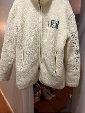 Cream Sherpa Zip-Up Jacket with Embroidered Chest Patch